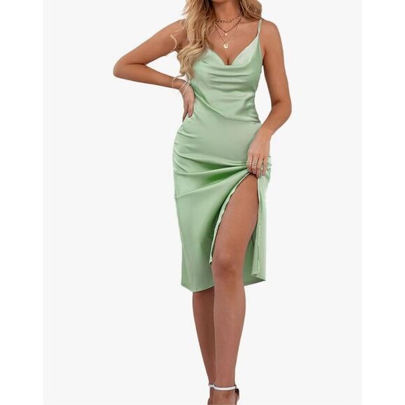 LYANER Dresses & Skirts - LYANER Women Satin Drape Cowl Neck Sleeveless Strappy Cami Split Midi Dress S